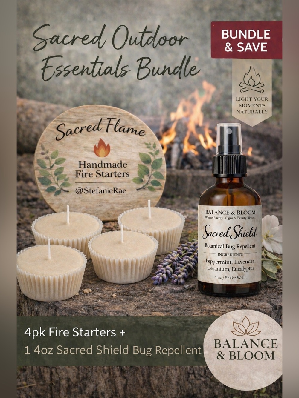 Sacred Outdoor Essentials Bundle | 4pk Fire Starters & Bug Repellent 4oz
